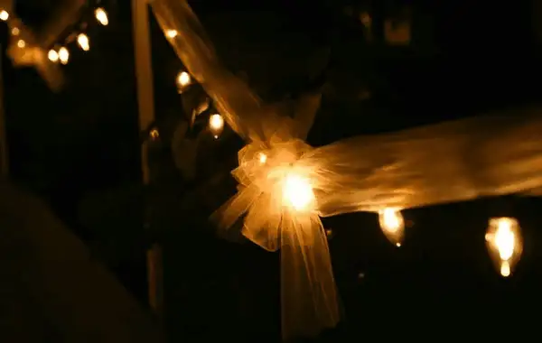 Close-up of a tulle bow tied on a swag of warm white lights at night