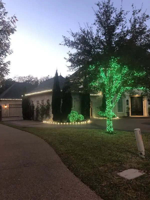 Stone home at dusk with warm white roofline lights, a green-wrapped tree and shrubs, and lights edging the driveway curve
