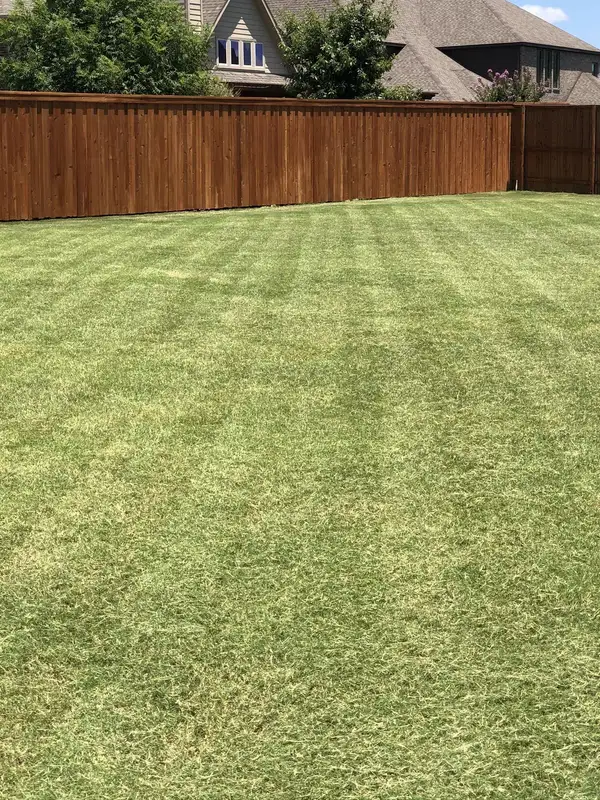 Mowed backyard lawn in front of a long stained wood privacy fence